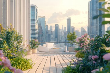 Fototapeta premium A panoramic view of a modern rooftop terrace with hardwood floors, plants, brick fences, and white patio furniture - Stock Photo