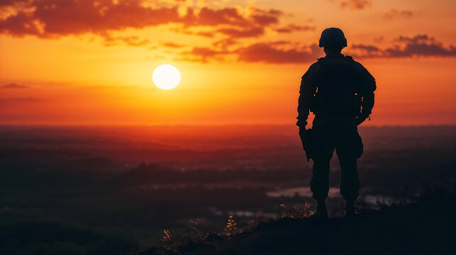 Silhouette of soldier standing at sunset on hilltop