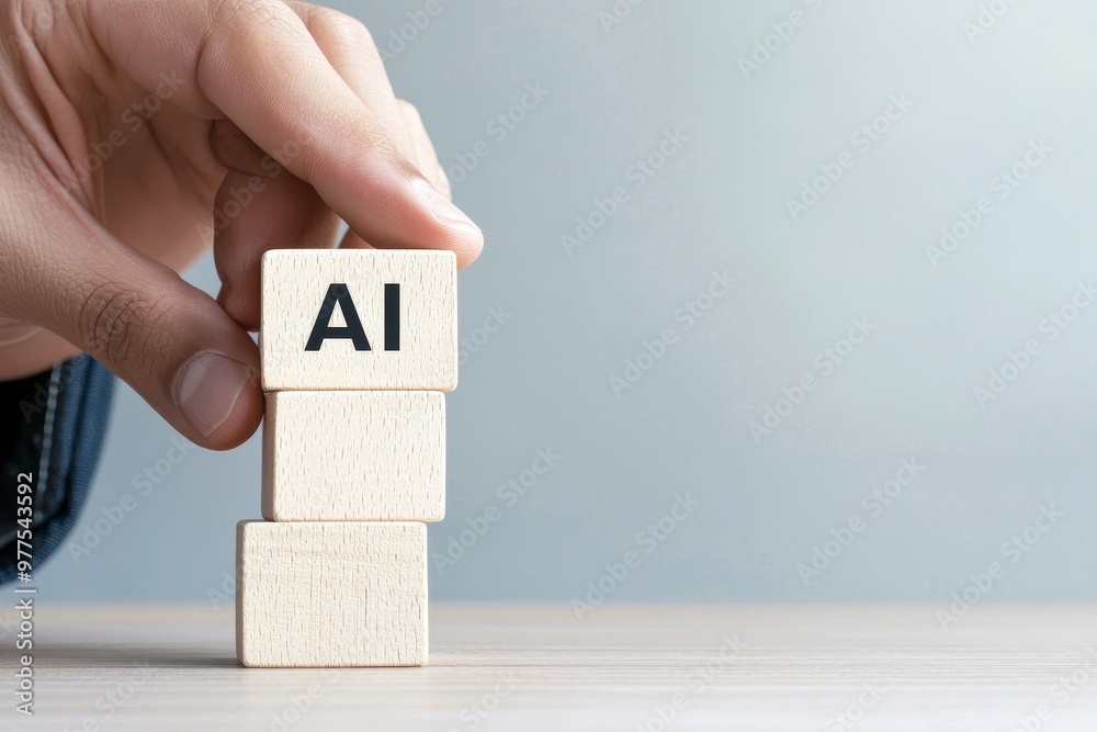 Poster in this concept, businessman stacks wooden blocks with ai technology icons for stock to solve proble