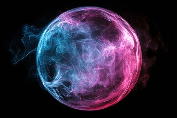 On a dark background, an abstract neon energy ball glows with magical waves