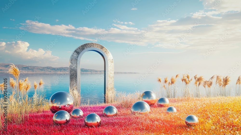 Leinwandbilder render of an abstract surreal landscape with pastel grass on a dune reflected in a glass arch on blu