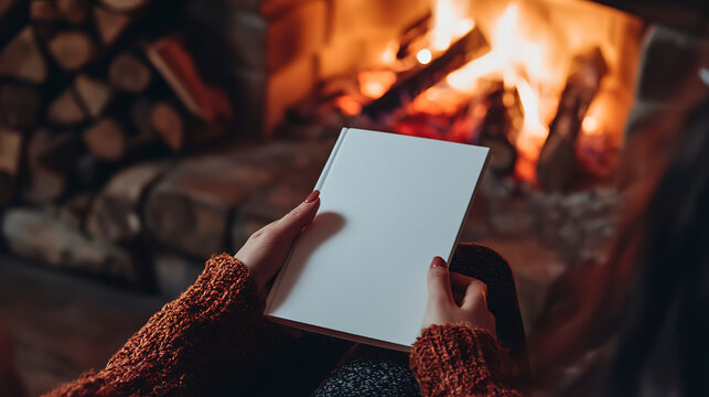 woman's hands holding a white book with a blank cover in front