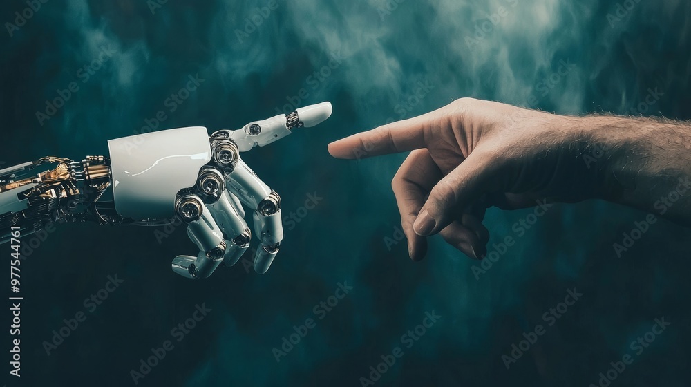 Sticker Concept of harmonious coexistence between humans and AI technology, depicts the delicate touch of a human finger on a robot's metallic finger.