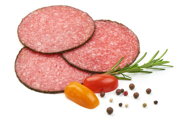 Peppered salami slices, isolated on white background