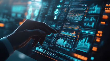 Obraz premium Business professional using a futuristic touchscreen interface to manage financial planning and budgeting, Budget and financial planning concept,Corporate finance and annual strategic plan. invest, Ai