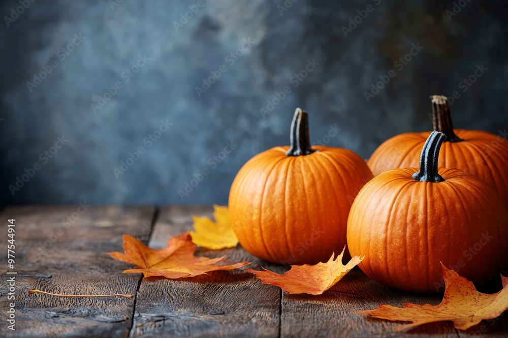 Poster the scene consists of a row of pumpkins on a wooden background, with space for text. there is a plac