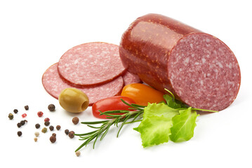 Traditional smoked Salami sausage, isolated on white background