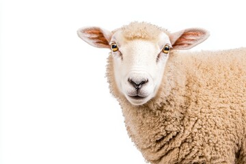 Fototapeta premium A white fluffy sheep farm portrait looking at camera isolated on a clear background. This is a funny moment with a farmland animals concept, utilizing Stock.