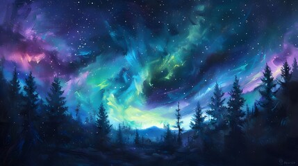 Obraz premium Aurora Borealis: A mesmerizing display of the Northern Lights dancing across the night sky in vibrant greens and purples. 