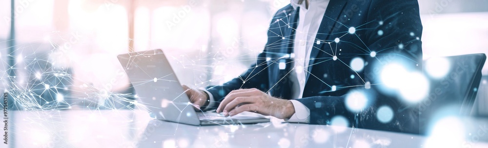 Poster A businessman uses a laptop to synchronize data of his business with a global network, to exchange data, to transfer information, to analyze data science analytics, and to use the internet to stay