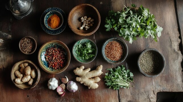 Top view of Asian spices like cinnamon, coriander, and cumin in clay bowls, placed on an ancient rustic table. The scene feels earthy and vibrant.