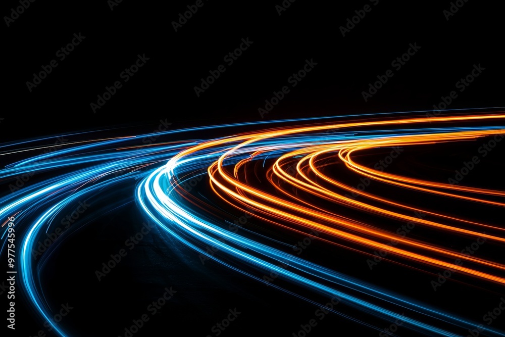 Poster Modern abstract dynamic motion light trails utilizing technology, neon lines going up and virtual reality.