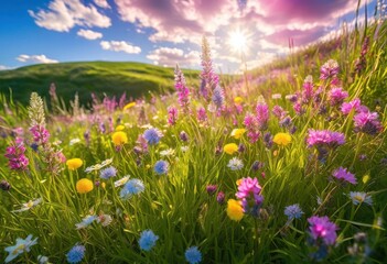 Obraz premium vibrant spring blooms showcasing colorful meadow filled lush flowers greenery under bright blue sky, petal, plant, nature, landscape, field, blossom, flora