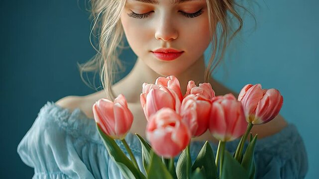 A lovely, kind girl wearing a flowy blue dress is holding a bouquet of pink tulips.