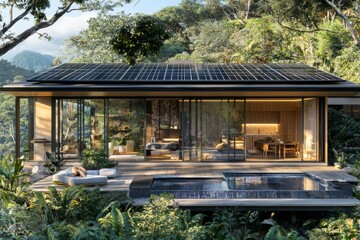Fototapeta premium This is an exterior image of a beautiful modern house with solar panels on the roof. Luxury villa with terrace and swimming pool. Created through generative AI