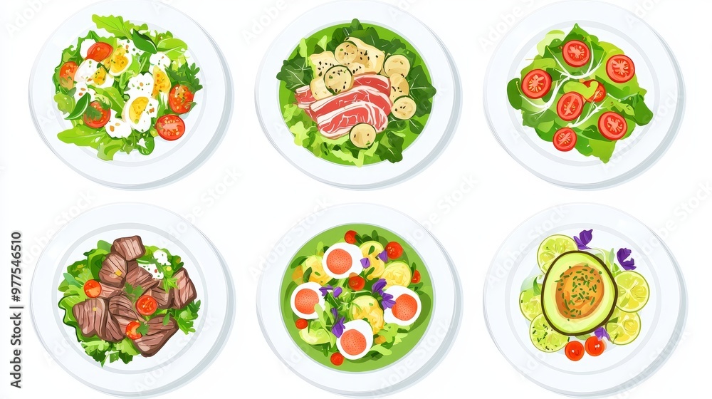 Poster An array of delicious food on white plates is shown isolated on a transparent background, a view from the top showing different menu options.