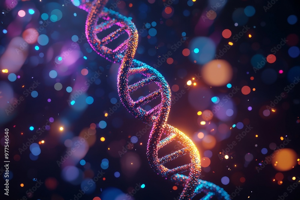 Aufkleber in 3d, a dna strand is rendered with spheres, based on a complex gene concept with a glossy simple p
