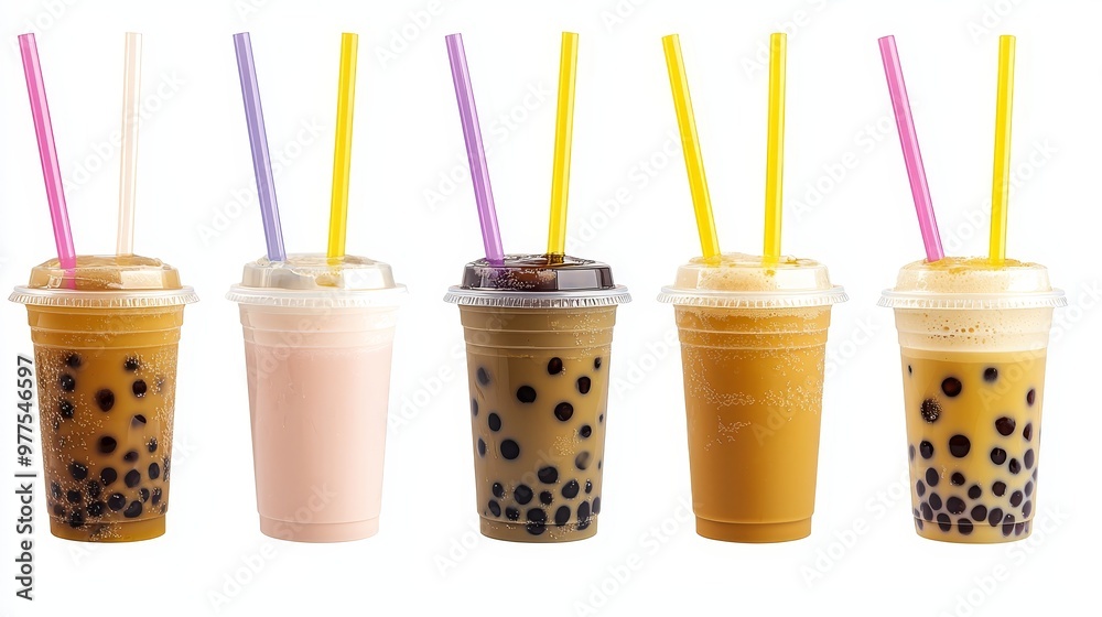 Canvas Prints The illustration shows a bubble milk tea cup with black tapioca, ice, and creamy foam, isolated on a transparent background. Dessert drinks and beverages are a time concept.