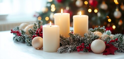 Festive Christmas table setting with candles and garlands, isolated on white.