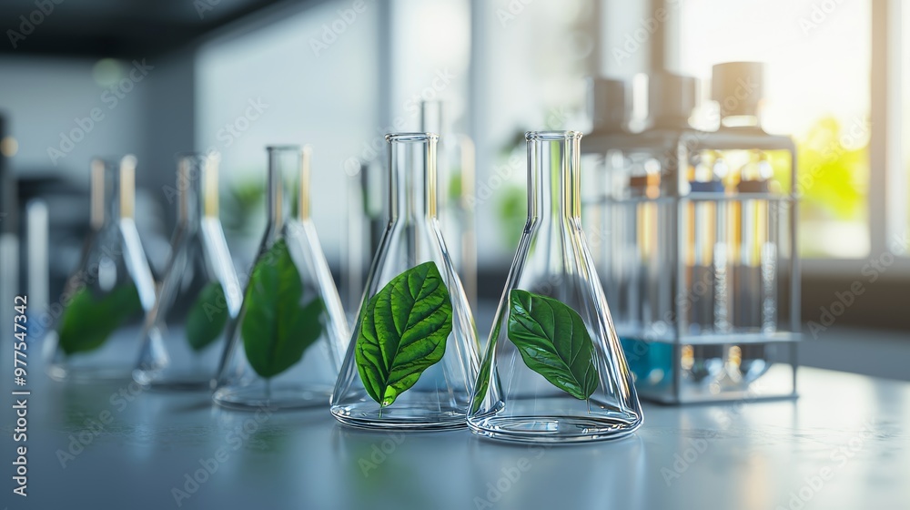 Poster background of green leaf plant with flask and vial in biotechnology science laboratory