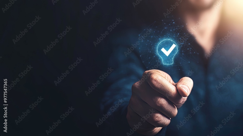 Poster in this image, a businessman holds an identification verification symbol indicating that he wants to