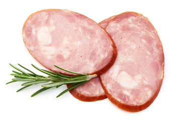 Smoked Ham sausage slices, isolated on white background