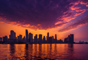 Obraz premium vibrant city skyline silhouettes breathtaking sunset views colorful sky urban landscape, horizon, evening, light, cloud, architecture, building, dusk, nature