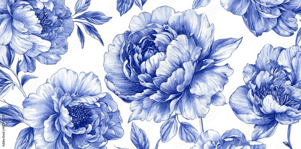 Sticker A vintage ink sketch of peonies flowers in blue old style. Can be used to decorate wedding cards or fashion postcards.