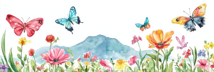 Under a soft sky, a vibrant meadow brimming with butterflies and blooming flowers