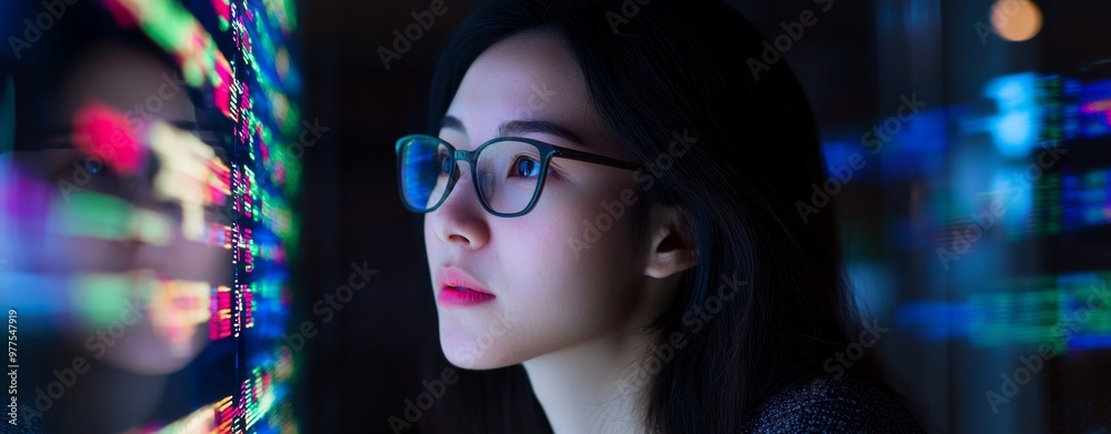 Aufkleber Data coder expert, computer, AI, cloud computing, management control woman, hologram, futuristic engineer working in workshop, studio, office, using server computer with hud, UI, and GUI,
