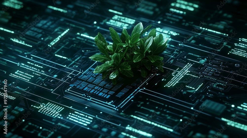 Aufkleber An electronic circuit board with a microchip processor and a sprout of a plant on a blurry background.