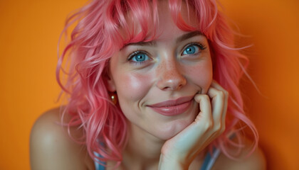 Une jeune femme aux cheveux colorés sourit de toutes ses dents, son visage respire la satisfaction et l'enthousiasme, traduisant un moment de pur plaisir et d’épanouissement.