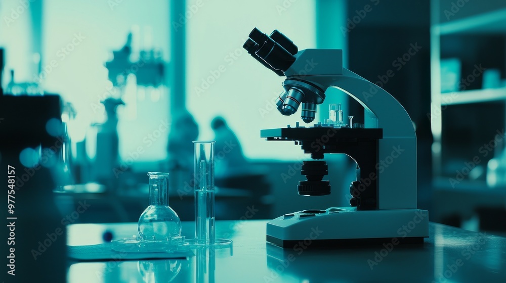 Poster research being conducted in a medical laboratory by scientists, a microscope is in use in the foregr