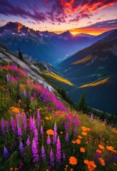 breathtaking mountain sunrise displaying vibrant sky colors rich hues purple illuminating majestic peaks, adventure, artistic, atmosphere, beauty, canvas