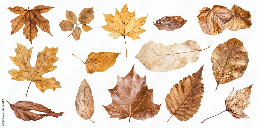 Sticker An image collection of natural brown dry leaves isolated on a transparent background. Each leaf is varying in shape, size, and color.