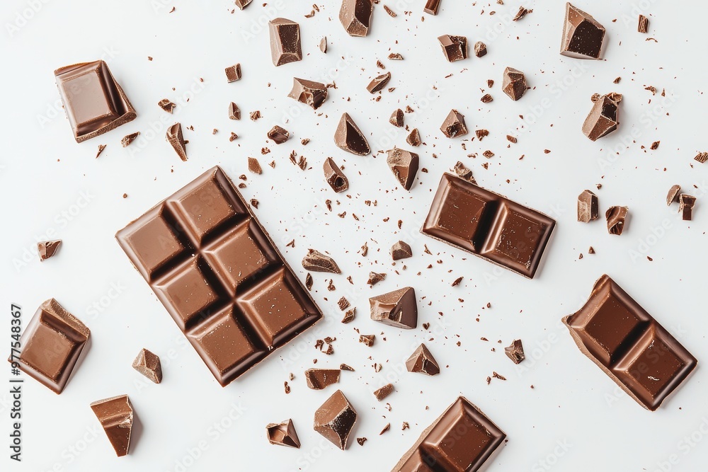 Poster isolated on transparent background, various types of chocolate falling with flakes in the air, desse