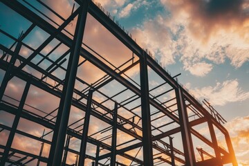 Fototapeta premium Site of construction with beautiful sky, structure of steel roof trusses under a construction building.
