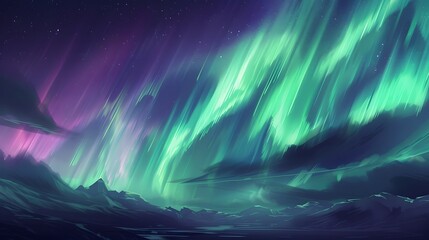 Fototapeta premium Aurora Borealis: A mesmerizing display of the Northern Lights dancing across the night sky in vibrant greens and purples. 