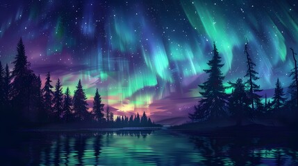 Aurora Borealis: A mesmerizing display of the Northern Lights dancing across the night sky in vibrant greens and purples. 
