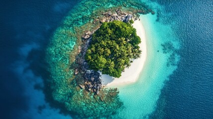 A stunning aerial view of an island with white sandy beaches and crystal-clear blue water, perfect for a tropical escape.