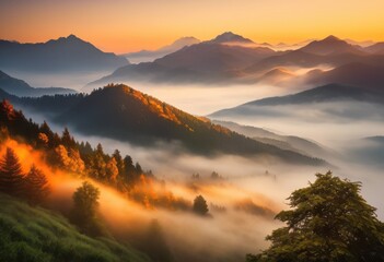 Obraz premium vibrant sunrise over misty mountains soft fog lush greenery background, dawn, daybreak, peaks, valleys, landscape, scenery, nature, sky, clouds, light