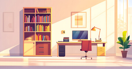 Minimalist Home Office Setup with Bookshelf, Desk, and Computer in a Sunlit Room