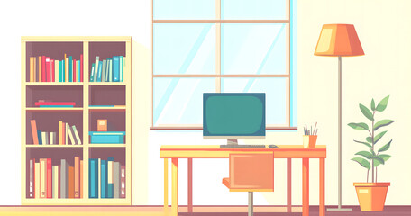 Minimalist Home Office Setup with Bookshelf, Desk, and Computer in a Sunlit Room