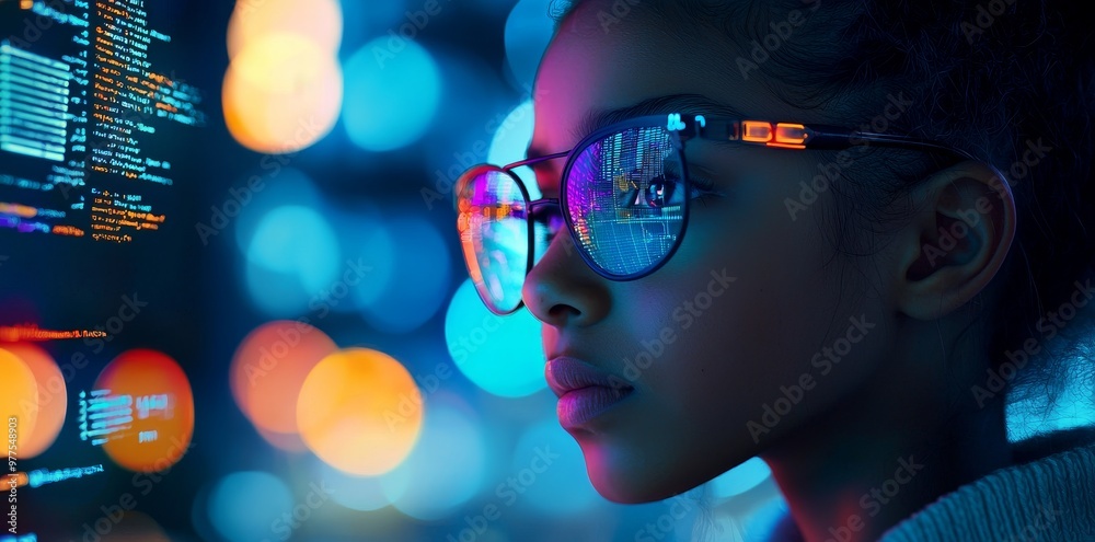 Poster look up portrait in hologram virtual reality headset, earth sphere with lines, and glowing virtual h