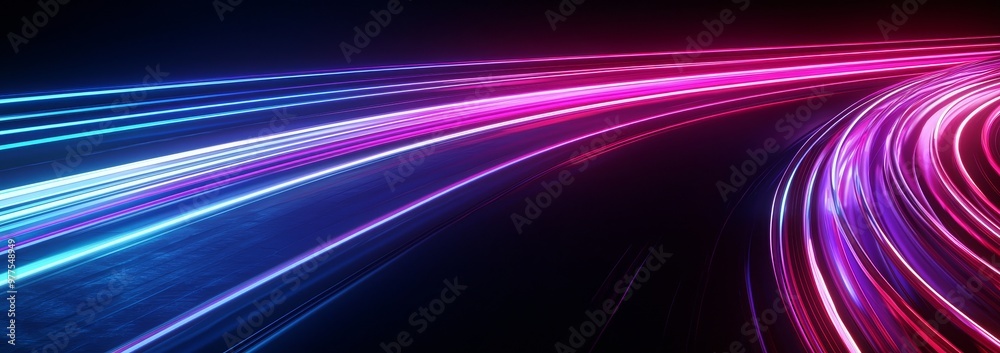 Poster An abstract panoramic background of curvy dynamic neon lines glowing in the dark with a floor reflection. Virtual fluorescent ribbon.