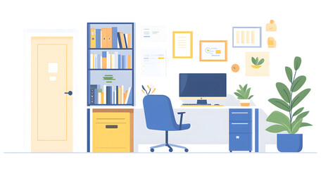 Minimalist Home Office Setup with Bookshelf, Desk, and Computer in a Sunlit Room