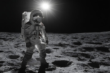 An astronaut explores the lunar surface, illuminated by a distant sun.