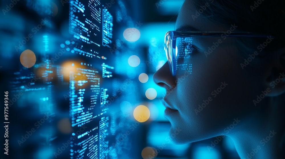 Poster coding, hologram and trading with cyber security, futuristic and research. male person, investor, in