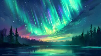 Aurora Borealis: A mesmerizing display of the Northern Lights dancing across the night sky in vibrant greens and purples. 
