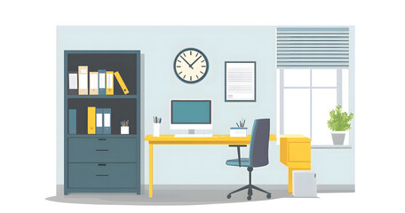 Fototapeta premium Minimalist Home Office Setup with Bookshelf, Desk, and Computer in a Sunlit Room